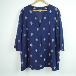 J Jill XL Tunic Top Popover Cotton Navy Blue Lightweight Relaxed Embroidered